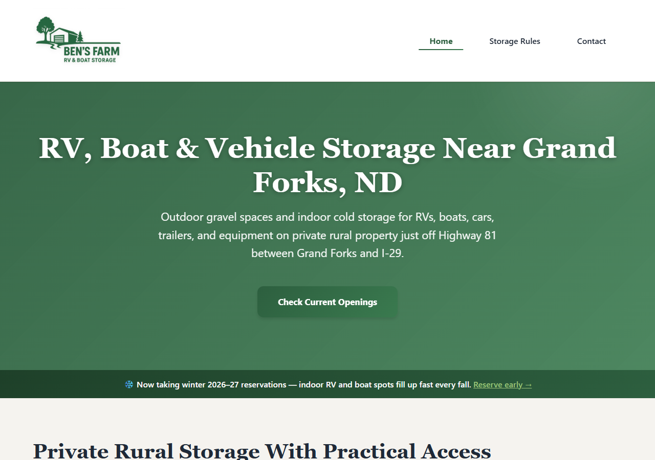 Ben's Farm RV and boat storage website screenshot