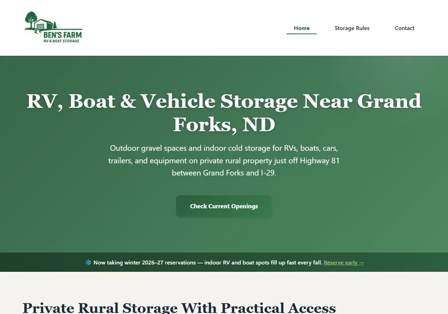 Ben's Farm RV and boat storage website screenshot