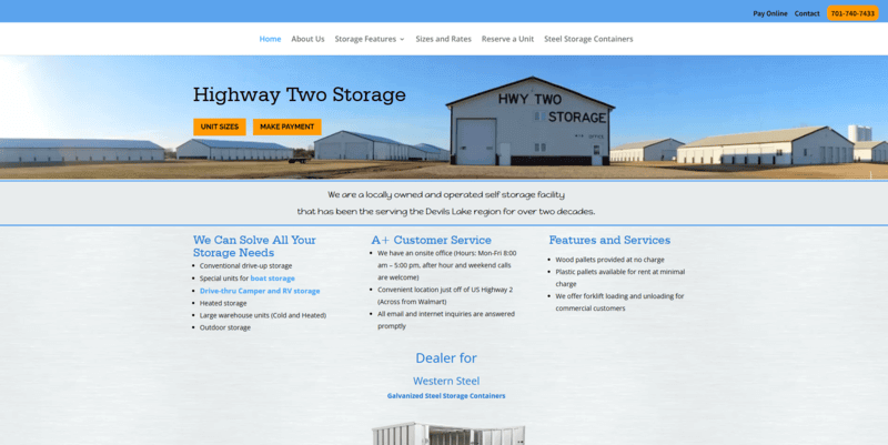 Highway 2 Storage website screenshot