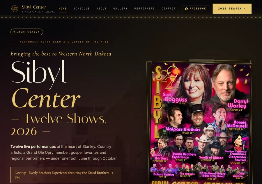 Sibyl Center live music venue website screenshot
