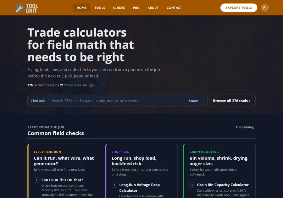 ToolGrit trade calculators website screenshot
