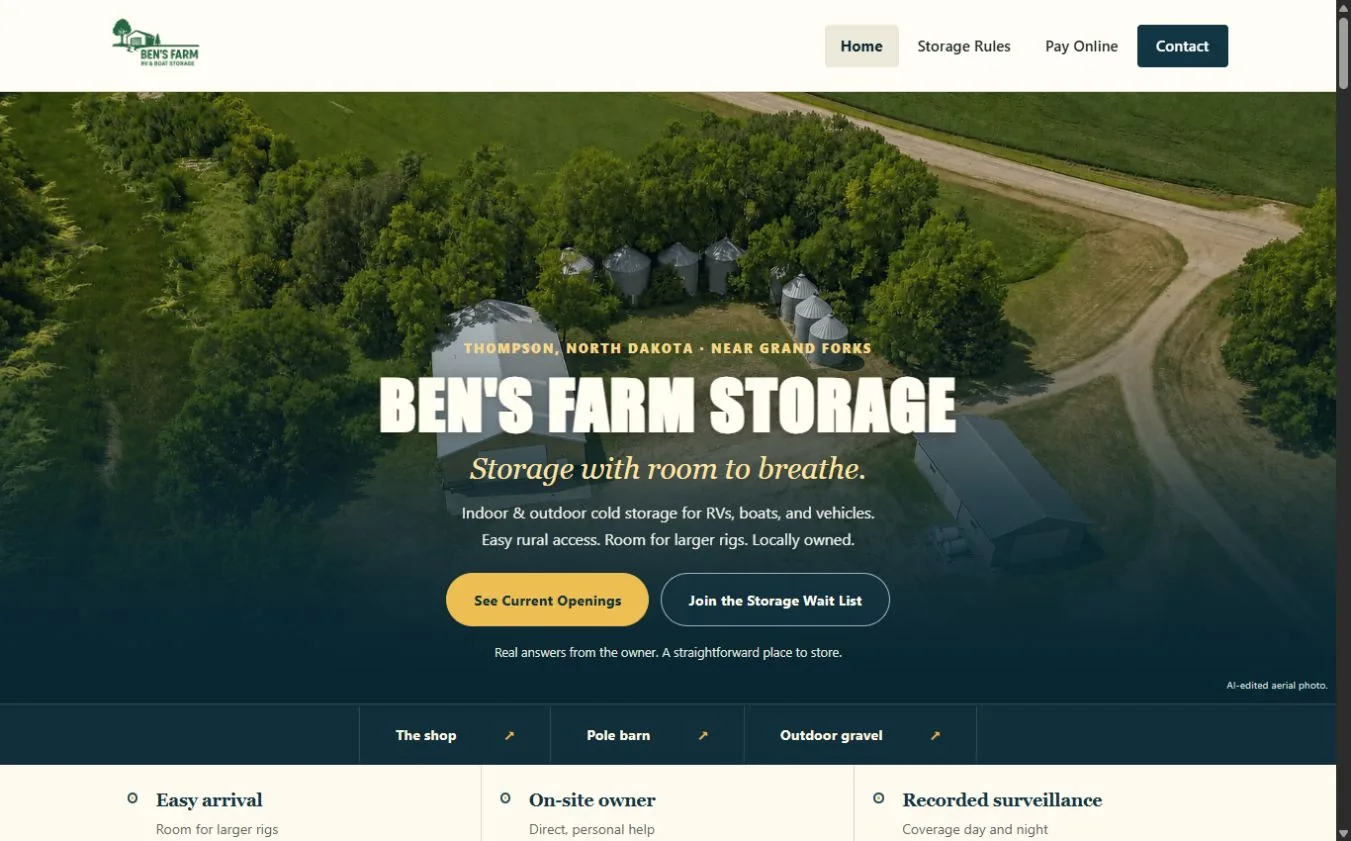 The bens-farm.com home page: an aerial photo of the farm's buildings and grain bins, the heading Ben's Farm Storage, and buttons for current openings and the storage wait list