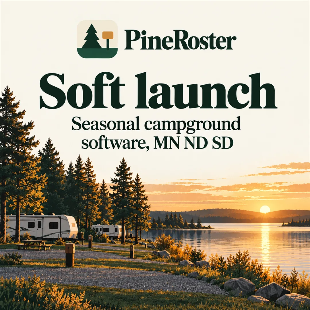 PineRoster soft launch graphic: the PineRoster logo, the words Soft launch and Seasonal campground software, MN ND SD, over an illustration of campers parked under pines beside a lake at sunset
