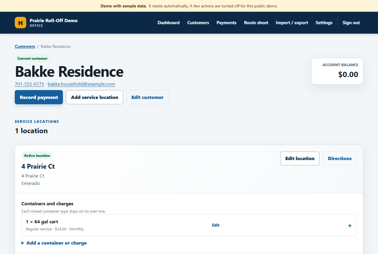 HaulerHQ customer record showing service location, container line, and rate