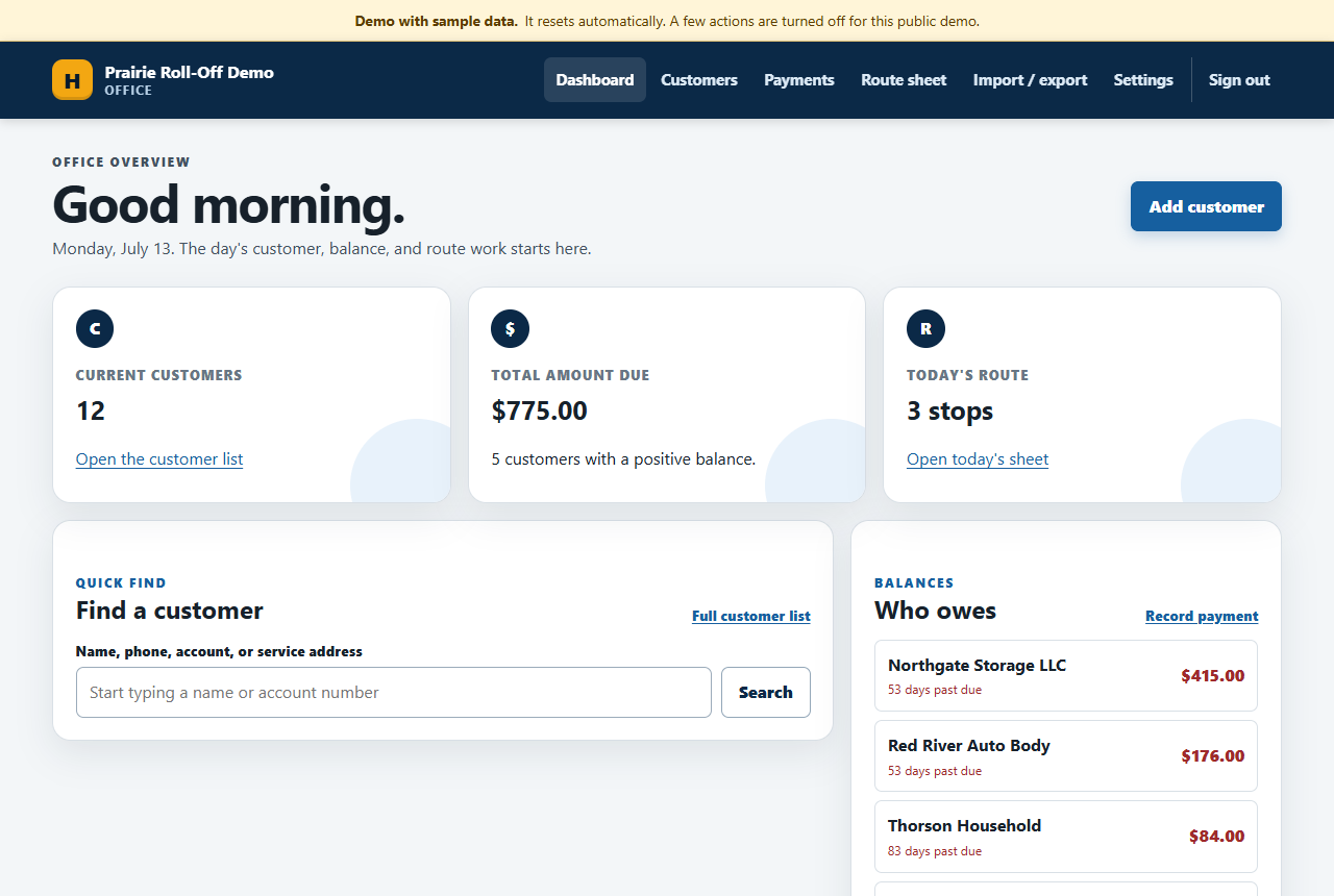HaulerHQ dashboard showing customer count, total amount due, today's route, and a who-owes list with days past due
