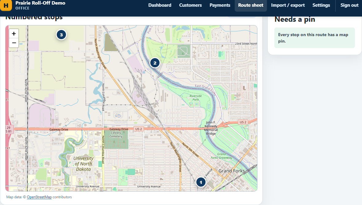 HaulerHQ route map showing numbered stop pins in order across Grand Forks