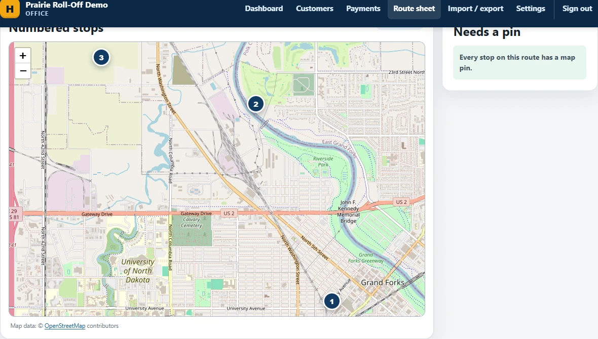 HaulerHQ route map showing numbered stop pins in order across Grand Forks