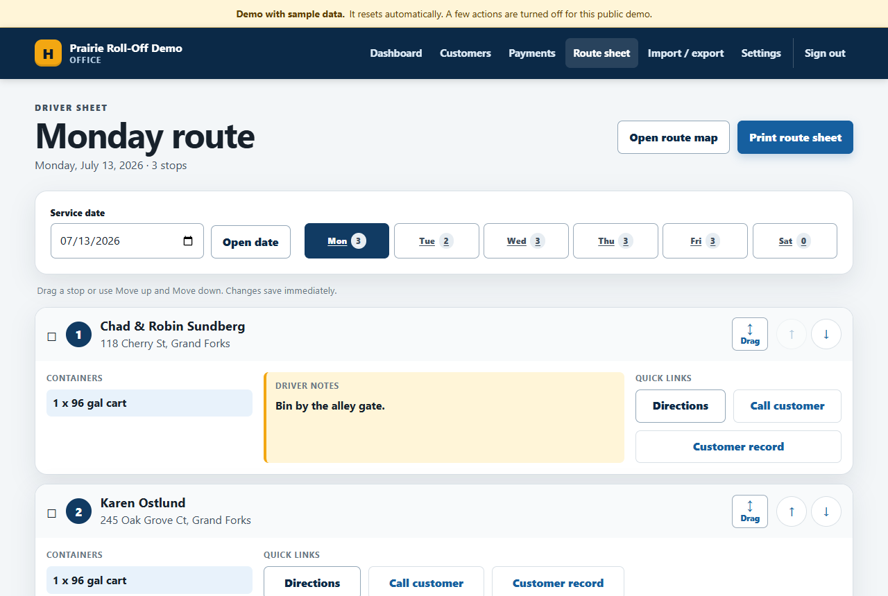 HaulerHQ Monday route sheet with ordered stops, container sizes, and driver notes like bin by the alley gate